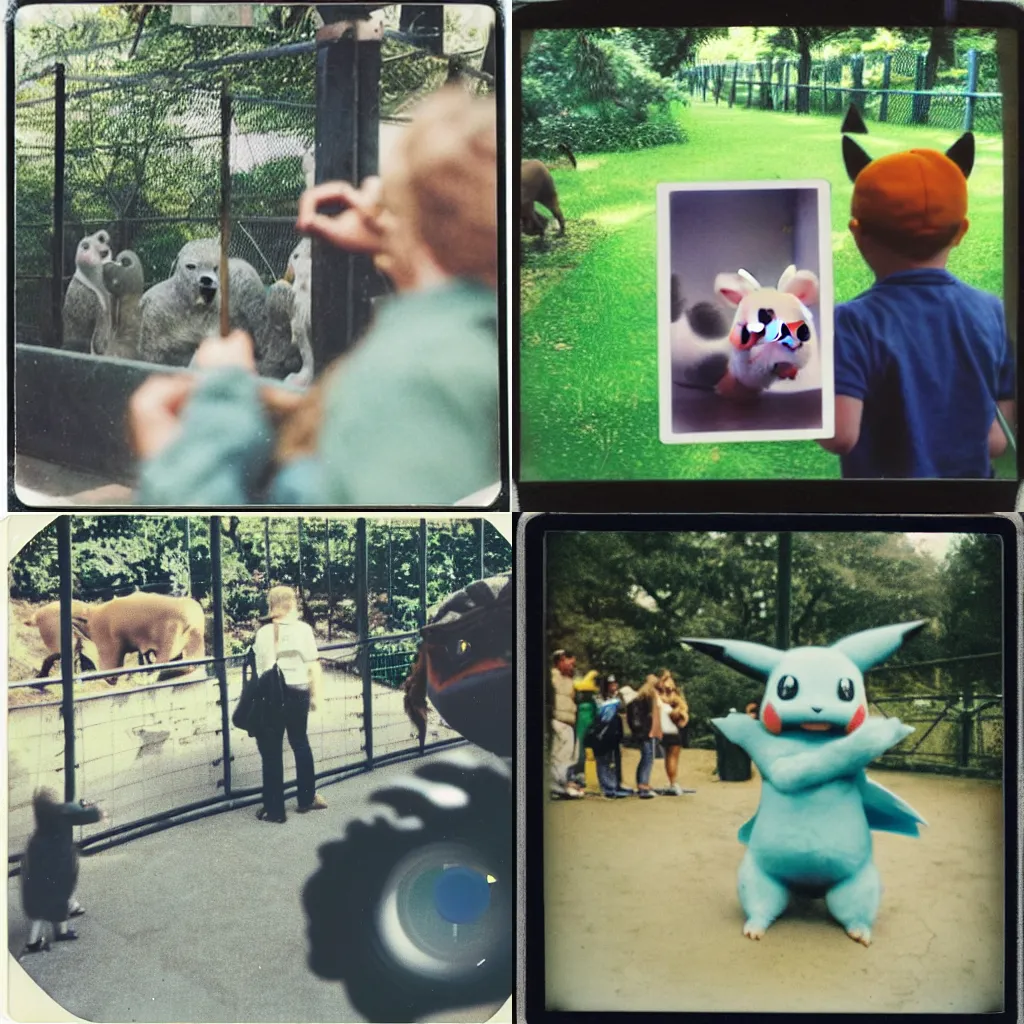 Prompt: A polaroid photo of a pokemon in a Zoo being watched by visitors