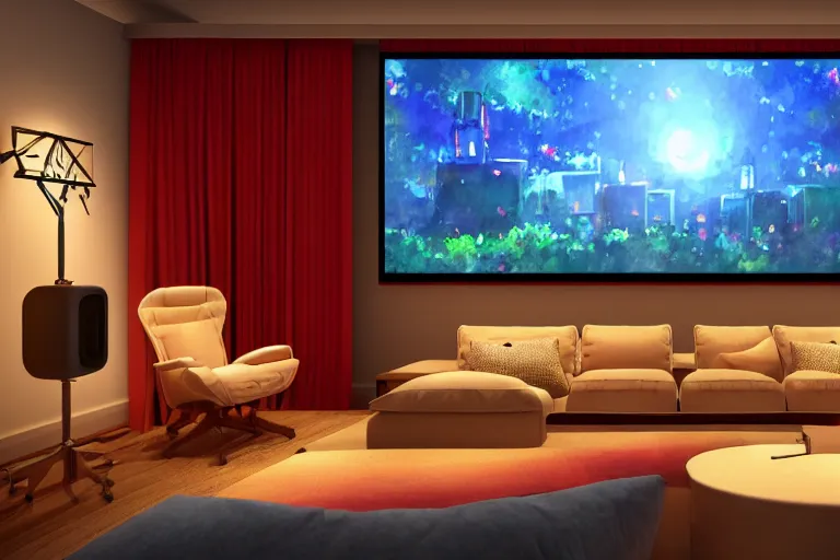 Prompt: very wide angle view, a modern home movie theater with giant projector screen!!, stylish wall sconces lights, detailed art deco decoration!!, plants, popcorn machine, rough watercolor painting, trending on artstation