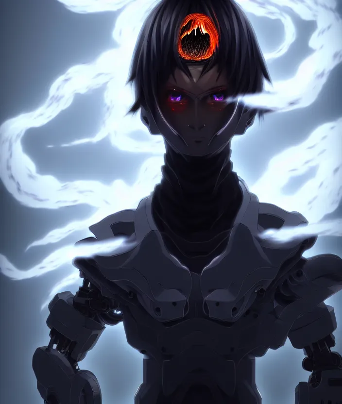 Image similar to a detailed manga illustration character full body portrait of a dark haired cyborg anime man shrouded in clouds of dark smoke and fire, trending on artstation, digital art, 4 k resolution, detailed, high quality, sharp focus, hq artwork, insane detail, concept art, character concept, character illustration, full body illustration, cinematic, dramatic lighting