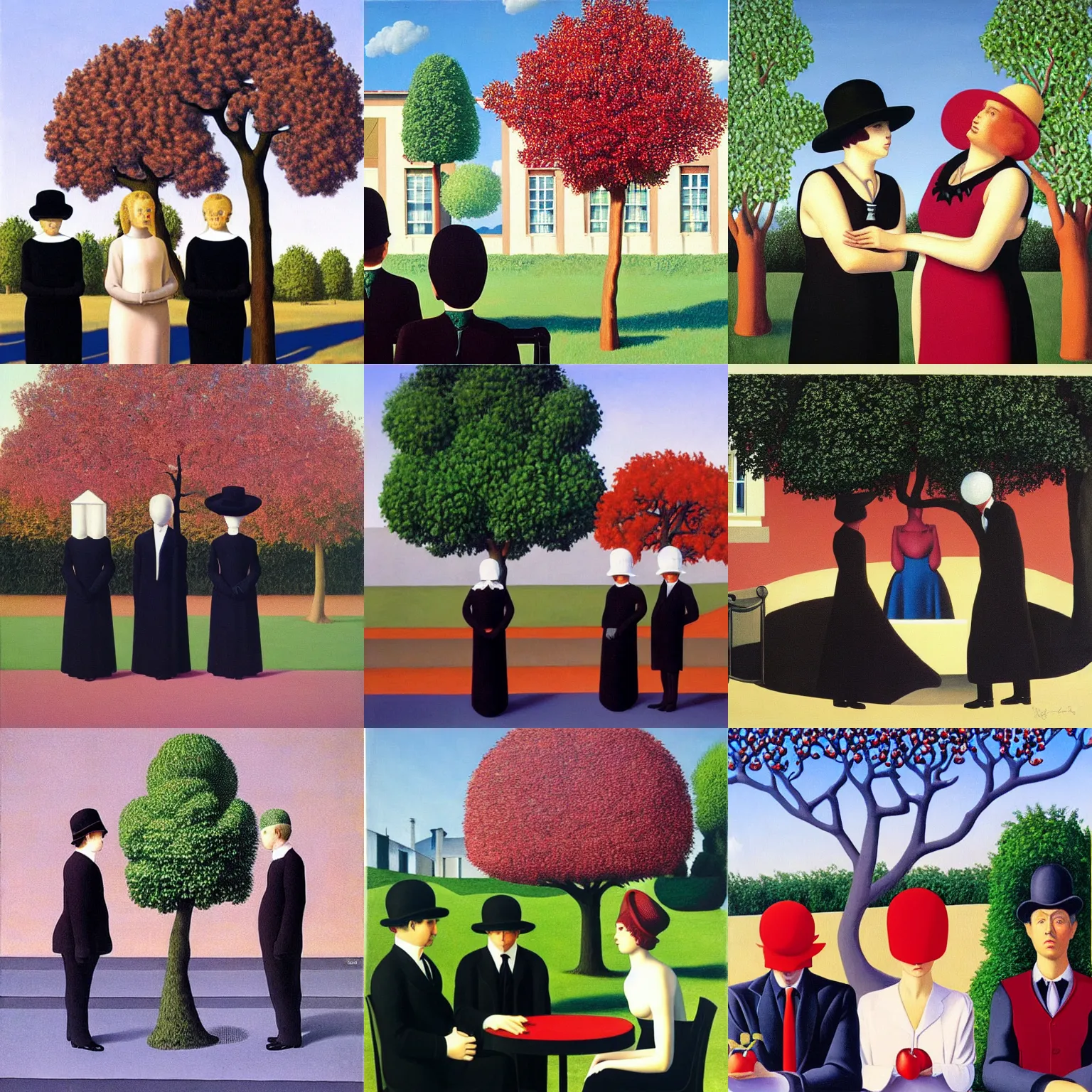 Prompt: an hd painting by rene magritte. three goths loitering in the shade, talking beneath a cherry tree outside a blockbuster video store.