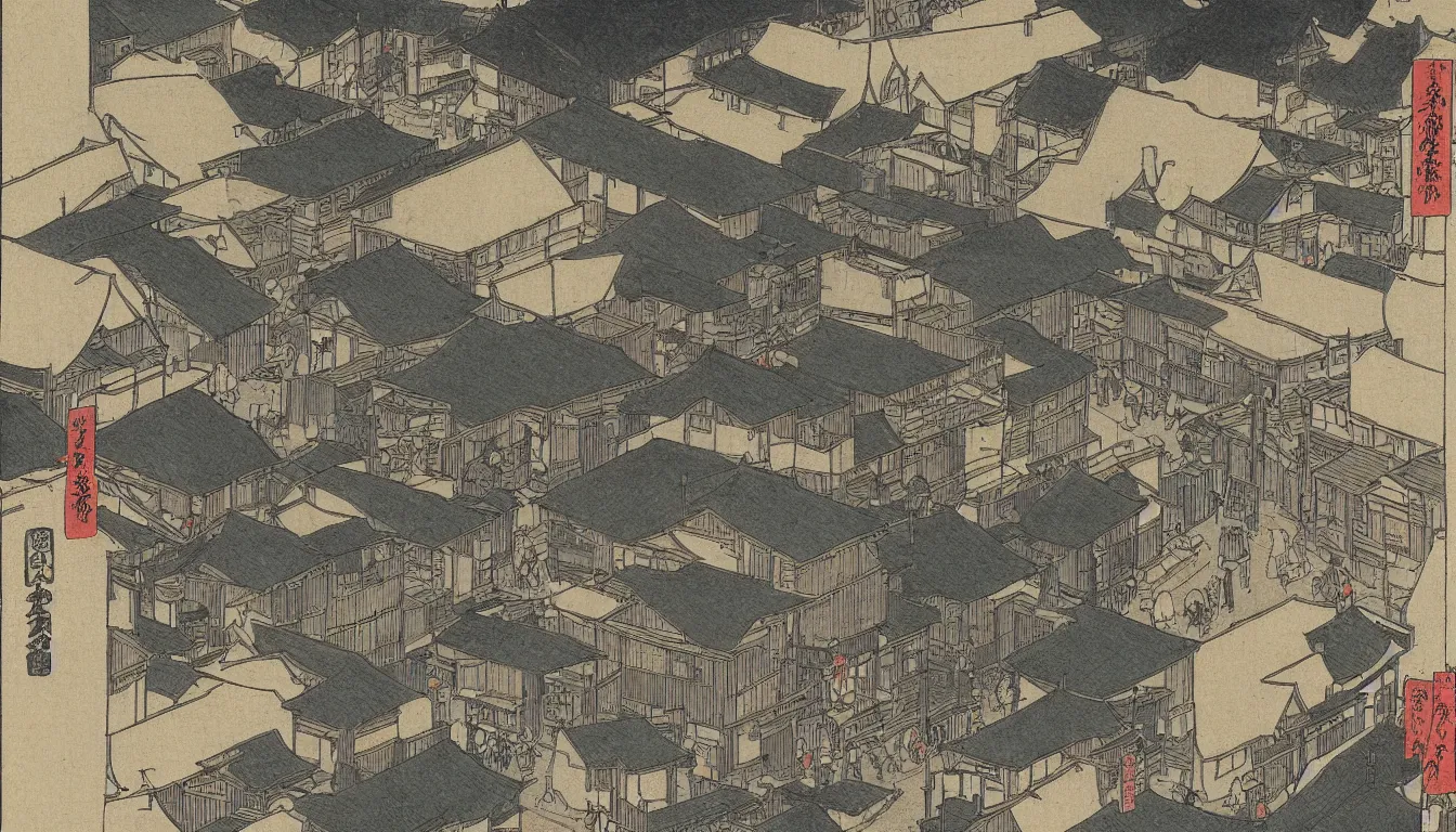 Image similar to old street scene in japan hokusai