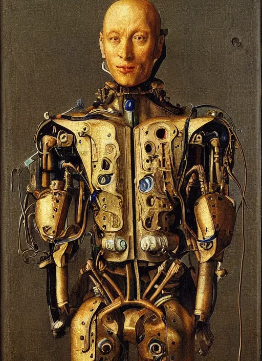 Image similar to cybernetic exoskeleton cyborg farmer by Jan van Eyck