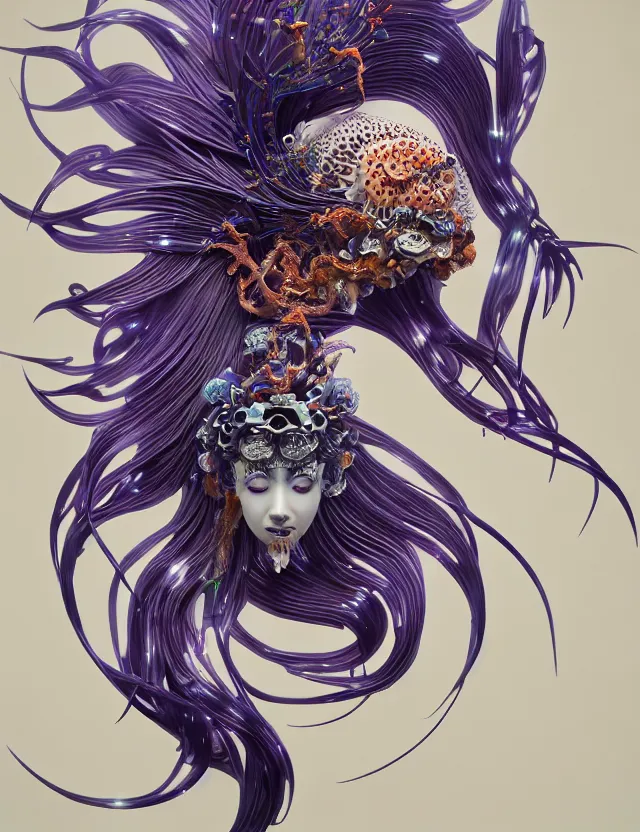 Image similar to 3 d goddess close - up profile portrait with ram skull. beautiful intricately detailed japanese crow jellyfish phoenix, bio luminescent, plasma kitsune mask and clasical japanese kimono. betta fish, jellyfish phoenix, bio luminescent, plasma, ice, water, wind, creature, artwork by tooth wu and wlop and beeple and greg rutkowski