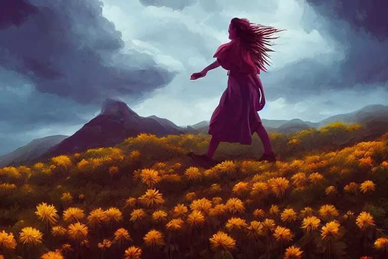 Image similar to giant dahlia flower as a head, girl walking on mountain, surreal photography, stars, dramatic light, impressionist painting, storm clouds, digital painting, artstation, simon stalenhag