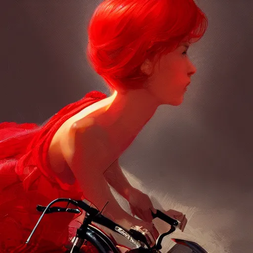 Image similar to a girl wearing a red fabric sitting on a bike, intricate, elegant, glowing lights, highly detailed, digital painting, artstation, concept art, sharp focus, illustration, art by wlop, mars ravelo and greg rutkowski