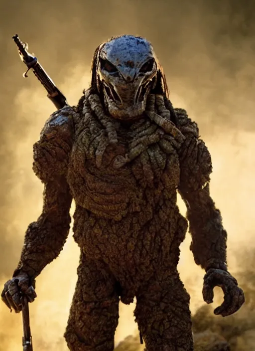 Image similar to cinematic, 4 k, full body portrait, rock golem as a soldier smoking a cigarette, still from the movie predator