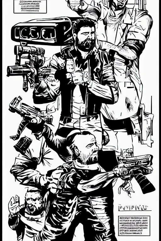 Image similar to billy mays action pose, a page from cyberpunk 2 0 2 0, style of paolo parente, style of mike jackson, adam smasher, johnny silverhand, 1 9 9 0 s comic book style, white background, ink drawing, black and white, colouring pages