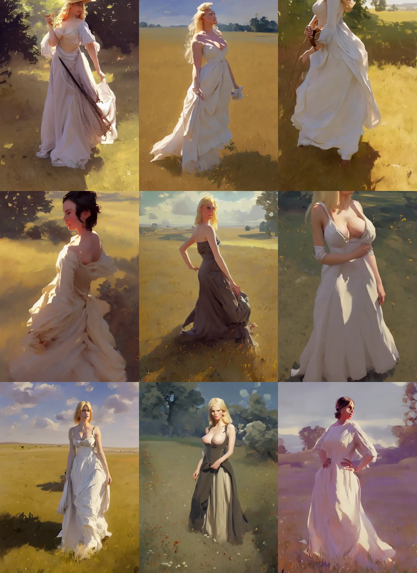 Prompt: finnish norwegian swedish scandinavian attractive glamour model wearing 1 7 th century evening gown walking in the field in a sunny day, jodhpurs greg manchess painting by sargent and leyendecker studio ghibli fantasy medium shot asymmetrical intricate elegant matte painting illustration hearthstone by greg rutkowski by greg tocchini by james gilleard