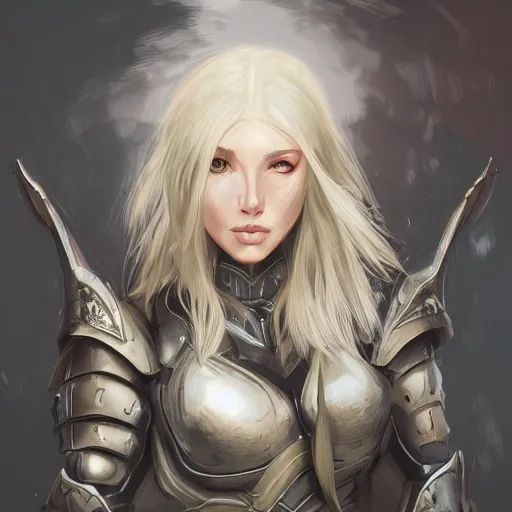 Image similar to a heavily armored blonde woman, aura of magic around her, gloomy atmosphere, trending on artstation, hyper detailed