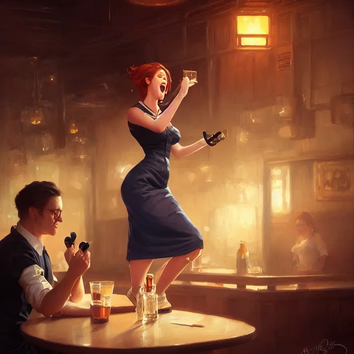 Image similar to a waitress singing on a table in a bar, elegant, real life skin, intricate artwork, high detailed, artstation, concept art, smooth, sharp focus, art by artgerm and greg rutkowski