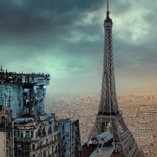 Image similar to A beautiful intricate 8K award-winning ground-level cinematic movie photograph of the future rusting rubble of the fallen and decimated Eiffel Tower, lying in pieces on the ground, surrounded by neon and collapsing corporate video billboard displays. in the year 2050, by Bruno Delbonnel and greg rutkowski. octane render, Arri Alexa 65. Cinematic lighting