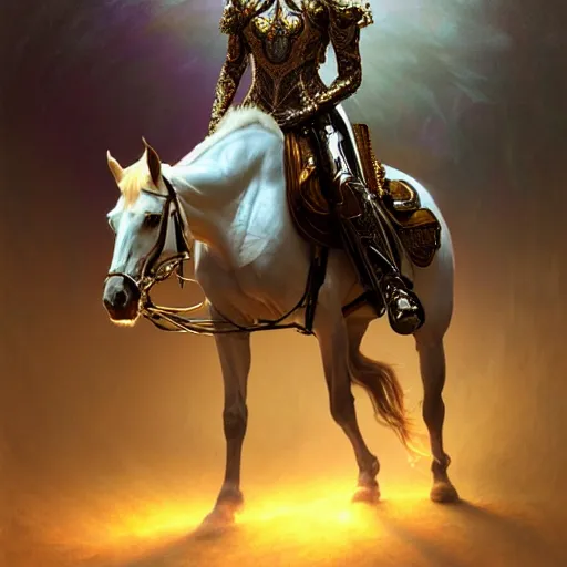 Prompt: psychedelic organic cyborg horseback riding, white holographic plastic, dramatic lighting, fantasy, intricate, elegant, highly detailed, lifelike, photorealistic, digital painting, artstation, illustration, smooth, sharp focus, art by john collier and albert aublet and krenz cushart and artem demura and alphonse mucha