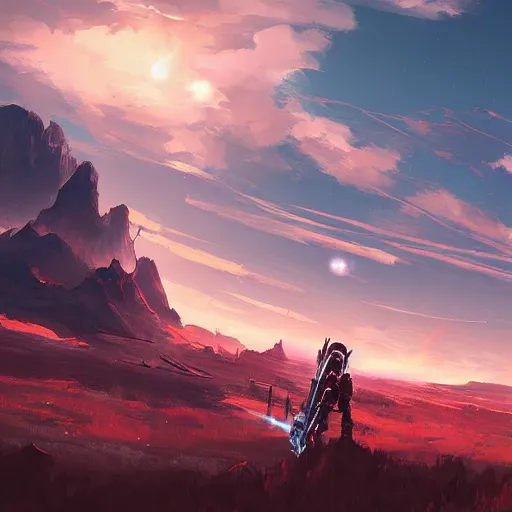 Image similar to a spaceship crashed into a foreign planet, wasteland. The spaceship is buried in the ground. red sky with beautiful white clouds. in the style of digital art, artstation trending, rossdraws, breath of the wild