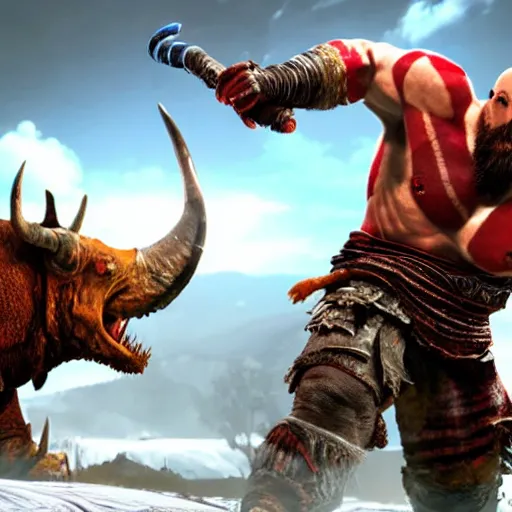 Image similar to screenshot of the game God of War with Kratos fighing a Rhinoceros beetle kaiju | Sony Pictures official media