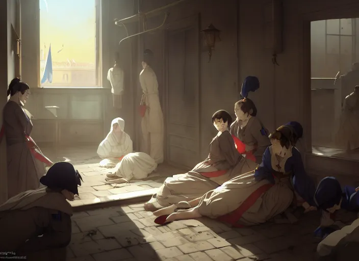 Image similar to 1 8 5 4 crimea, florence nightingale, army hospital in scutari, overcrowded, filthy, blocked drains, broken toilets, rats, wounded soldiers, sleep dirty floor, no blankets, finely detailed perfect art, gapmoe yandere grimdark, trending on pixiv fanbox, painted by greg rutkowski makoto shinkai takashi takeuchi studio ghibli