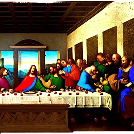 Prompt: a futuristic holographic art piece of The Last Supper by Leonardo da Vinci