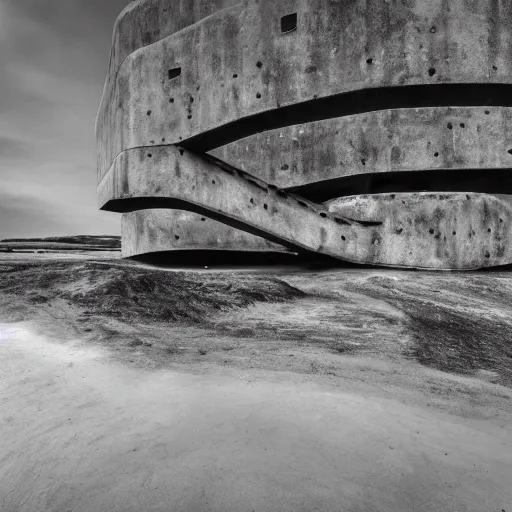 Image similar to photograph of a surrealist brutalist landscape, black and white, silver tone, high art 8k high definition