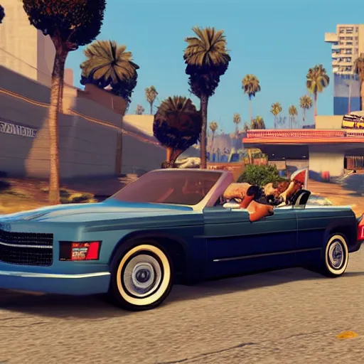 Image similar to the dalli lama and Donald Trump cruising in a convertible low rider in GTA 5 4k ultra high quality