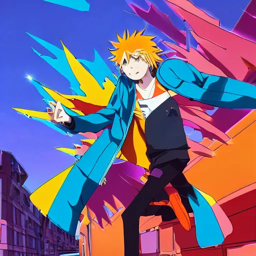 Image similar to orange - haired anime boy, 1 7 - year - old anime boy with wild spiky hair, wearing blue jacket, running past colorful building, red - yellow - blue colored building, turquoise aquamarine windows, strong lighting, strong shadows, vivid hues, ultra - realistic, sharp details, subsurface scattering, intricate details, hd anime, 2 0 1 9 anime