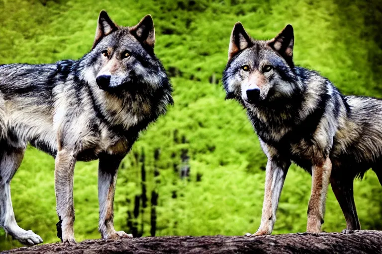 Image similar to ! human wolf crow werecreature, photograph captured at woodland creek