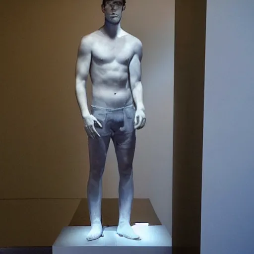 Image similar to “ a realistic detailed photo of a guy who is an attractive humanoid who is half robot and half humanoid, who is a male android, actor liam hemsworth, shiny skin, posing like a statue, blank stare, at the museum, on display ”