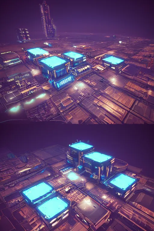 Image similar to cyberpunk buildings with a flight vehicle glowing in the sky, neon sign, bottom view, bladerunner, digital illustration, artstation, realistic render