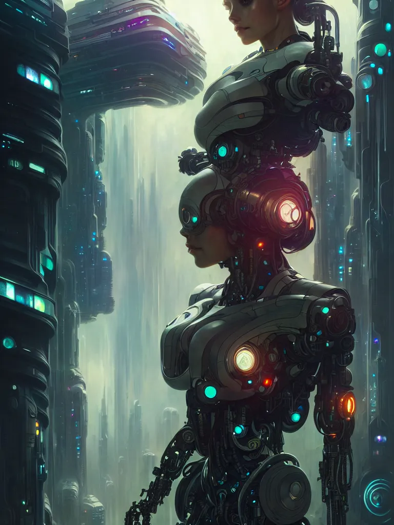 Image similar to ultra realistic, beautiful female cyborg lost in a space metropolis, sci-fi, cyberpunk, concept art, intricate details, eerie, highly detailed, octane render, 8k, , art by artgerm and greg rutkowski and alphonse mucha