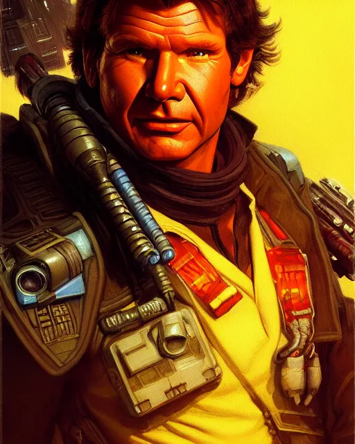 Image similar to character portrait closeup 4 0 years old han solo harrison ford cyberpunk starcraft terran warhammer 4 0 k space marine, confident, character design, painting by gaston bussiere, katsuya terada, frank frazetta, tom of finland, wlop, artgerm, dan mumford, action pose, trending on artstation