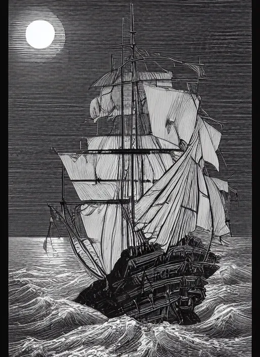 Prompt: realistic galleon on the high seas big waves moonlight, art by james o barr and albrecht durer and gustave dore, woodblock print, steel engraving, black and white, vector, vector art