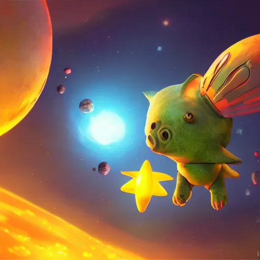 Prompt: 3D Fantasy Cute and adorable alien piggy spacecraft flying through space, bright stars, Smooth 3D Illustration, soft render, Servando Lupini, Daniil Kudriavtsev, handpaint texture, Blender, 3DCoat