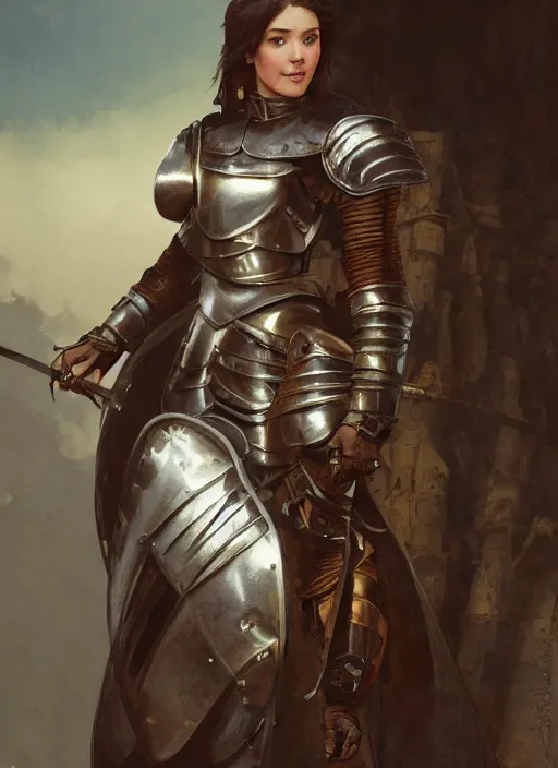 Image similar to medium-length portrait of a female knight with short dark hair and brown eyes, dark skin, happy expression, wears a combination of plate armor and boiled leather, medieval setting, highly detailed, digital painting, artstation, concept art, sharp focus, illustration, art by greg rutkowski and alphonse mucha