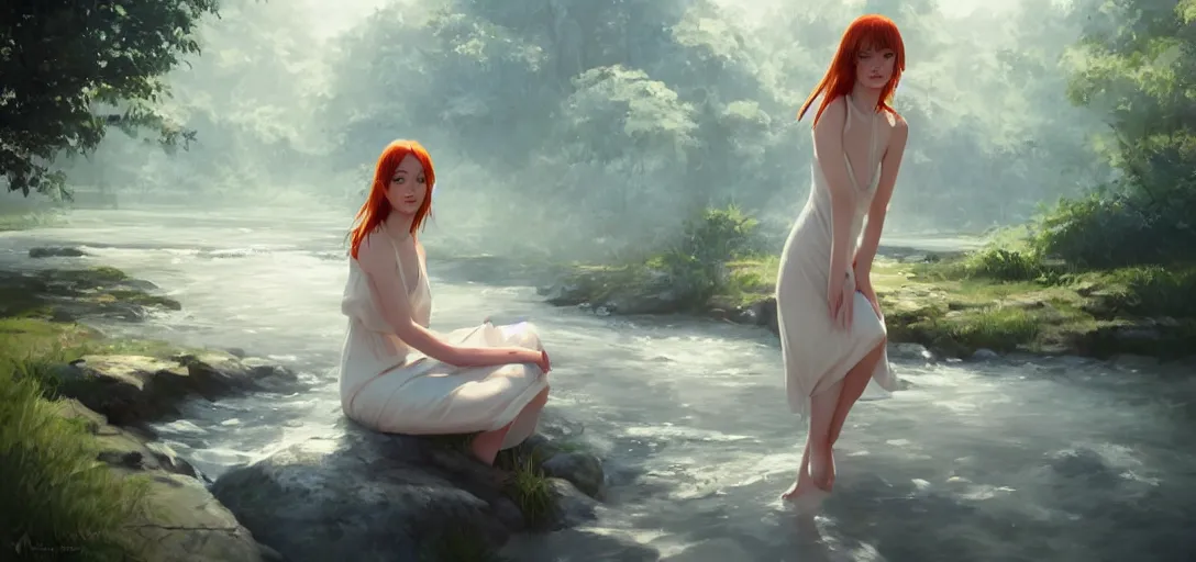 Image similar to southern ginger woman in simple cream dress sitting beside a river, airbrushed, hazy, gentle, soft lighting, wojtek fus, by makoto shinkai and ilya kuvshinov,