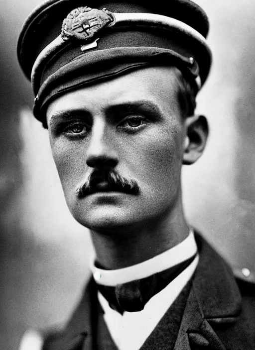 Image similar to close up portrait of a young edwardian naval officer standing on the deck of a ship, male, edwardian, formal, detailed face, deep focus, movie still, dramatic lighting, ray tracing, by hendrik kerstens and paolo roversi