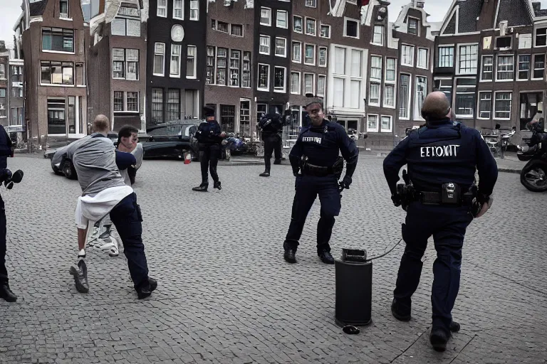 Prompt: photography of an ethereum developer being arrested by in amsterdam for writing a smart contract, robert capa