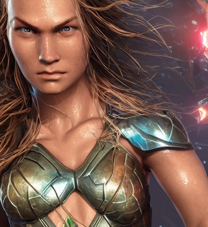 Image similar to female aquaman, au naturel, hyper detailed, digital art, trending in artstation, cinematic lighting, studio quality, smooth render, unreal engine 5 rendered, octane rendered