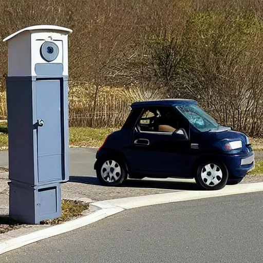 Image similar to a tiny car next to a mailbox