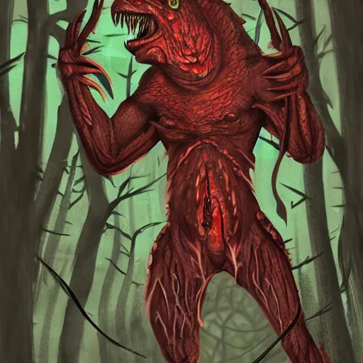 Image similar to big butcher anthropomorphic male lizardfolk posing scarily, scary angry pose, bloody, covered in blood, fresh kill, cleaver, in a forest, earie setting, lovecraft, eldritch, horror, hyperdetailed, furaffinity, furry art