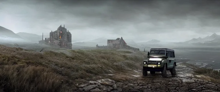 Prompt: Land Rover Defender 110 (1985), an epic fantasy, dramatic lighting, cinematic, establishing shot, extremely high detail, photorealistic, cinematic lighting, artstation, by simon stalenhag, The Elder Scrolls V: Skyrim, Whiterun Hold, Burning wooden nordic Dragonsreach castle in the distance, Battle for Whiterun city, Stormcloaks vs Imperials, Swarms of Stormcloaks and Imperials fighting eachother, Intense fighting, Whiterun city burning, Skyrim Civil War, High casualties, blood and dead soldiers, aftermath of a huge battle