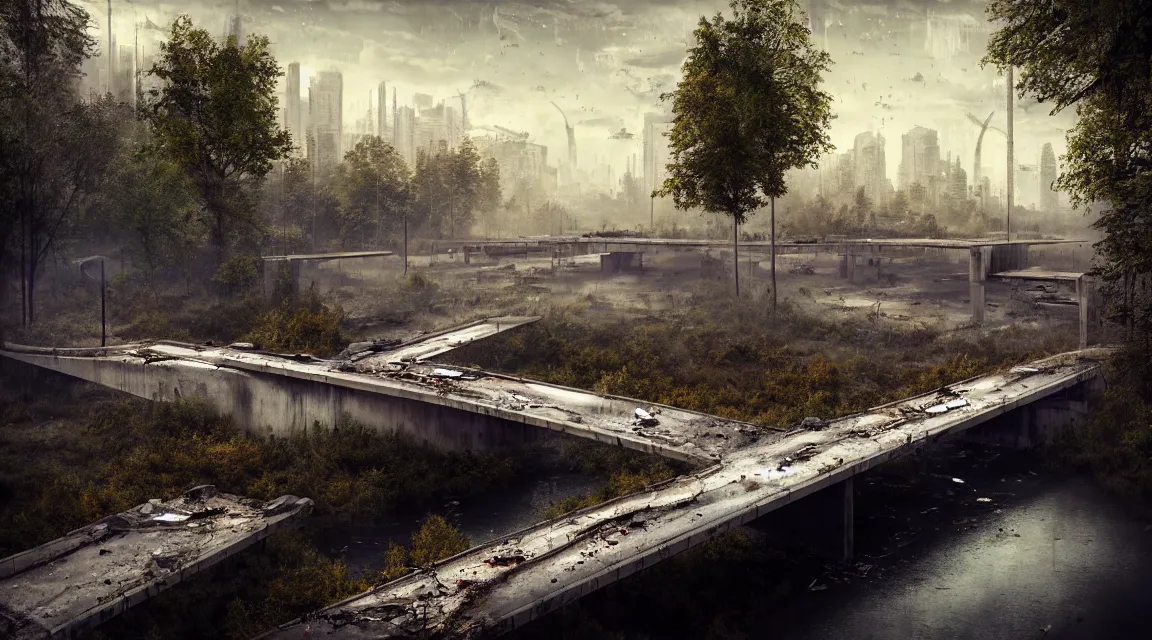 Prompt: post apocalyptic river bridge, morning, building, avenue, modern contemporary urban americana concrete architecture, by pascal blanche, neil blevins, apocalyptic color palette, trending on artstation, photorealistic, wilderness ambiance, ultra detailed, high definition, depth of field, bokeh, rubble, wild vegetation, blood stains, building crumbling