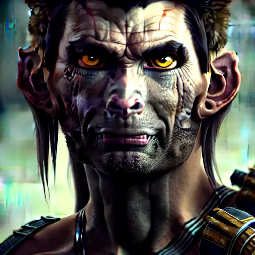 Image similar to portrait painting of a cyberpunk orc mercenary muscular david tennant, ultra realistic, concept art, intricate details, eerie, highly detailed, photorealistic, octane render, 8 k, unreal engine. art by artgerm and greg rutkowski and charlie bowater and magali villeneuve and alphonse mucha