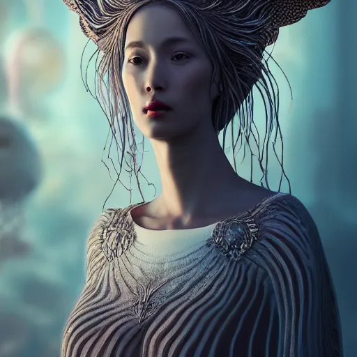 Image similar to goddess portrait. jellyfish phoenix head. intricate artwork by Tooth Wu and wlop and beeple. very coherent symmetrical artwork. cinematic, hyper realism, high detail, octane render, 8k