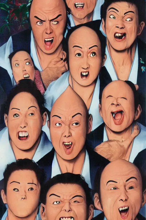 Image similar to coneheads, japanese vhs cover art, detailed facial expressions