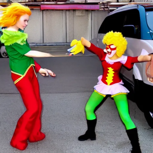 Prompt: ronald mcdonald fighting tinkerbell in a parking lot