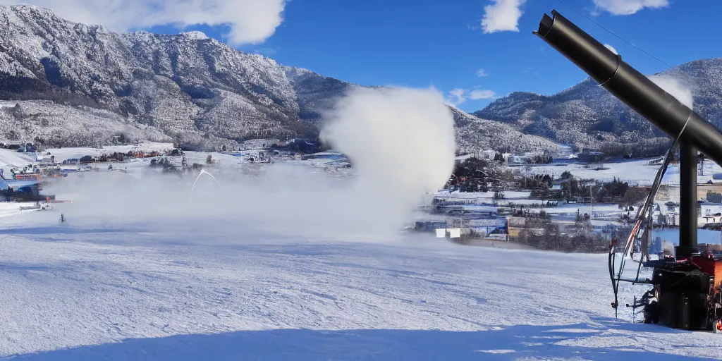 Image similar to snowgun, snowmaking, mountains at background, clear weather, 4 k,