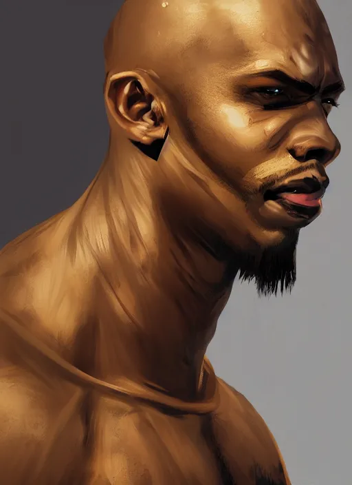 Prompt: An epic fantasy comic book style portrait painting of a young dark skinned thief with broad shoulders and a bald head in a vest, unreal 5, DAZ, hyperrealistic, octane render, cosplay, RPG portrait, dynamic lighting