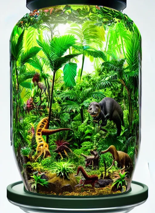 Prompt: a lush jungle landscape inside a ornate glass jar, hyper realistic, 7 5 mm lens, studio lighting, jurassic world