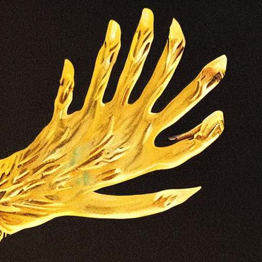 Image similar to a golden hand with claws emerges from the nearest surface of a cave