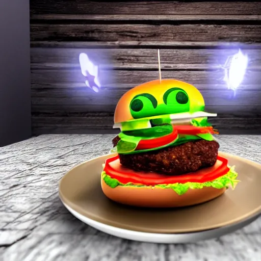 Image similar to There is a ghost in my burger spooky ghost burger, Realistic, HDR, Clear Image, HDD, Dynamic lighting,