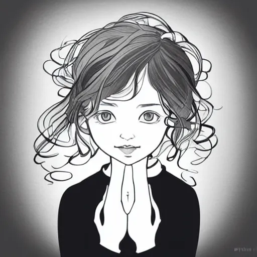 Image similar to clean simple line art of a little girl with short wavy curly light brown hair and blue eyes, reading a book. no background. well composed, clean, black and white, beautiful detailed face line art by ilya kuvshinov and alphonse mucha