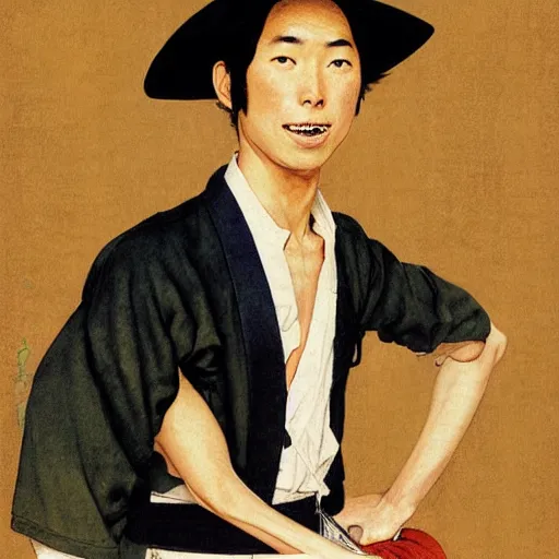 Image similar to A young Japanese man in a straw hat and pirate one piece outfit, art by Norman Rockwell